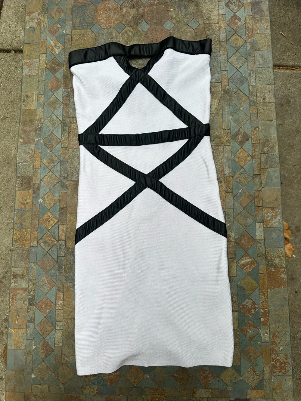 Vintage Early 2000’s Bebe Strapless White Dress with Black Trim